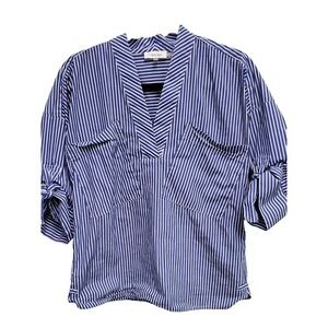 Calvin Klein Street Style Blue Striped Roll Tab Blouse Pockets Career Sz XS